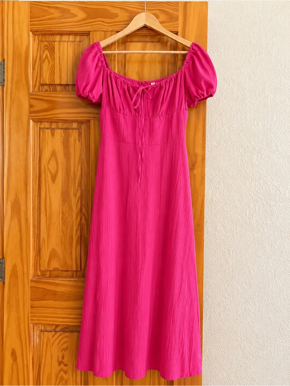 Bright Fuchsia Puff-Sleeve Midi Dress